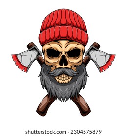 Illustration of carpenter human skull mascot character with crossed axes