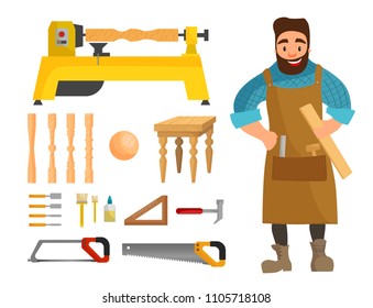 
Illustration of a carpenter and tools. Lathe on wood. Wood products.