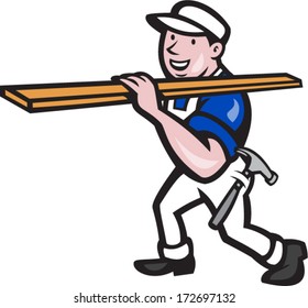 Illustration of a carpenter tradesman construction worker carrying timber lumber wood on shoulder walking on isolated white background done in cartoon style.