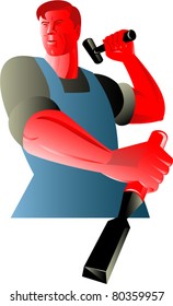 illustration of a carpenter tradesman worker with chisel and hammer viewed from front set in isolated background done in retro style