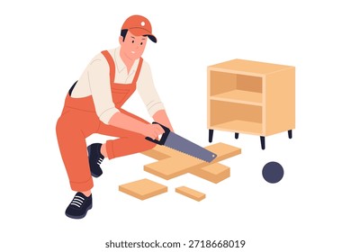 Ilustración de un carpintero usando una sierra de mano para cortar tablones de madera, con una estantería de madera construida en el fondo