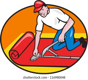 Illustration of a carpet layer fitter laying down carpet fitter worker done in cartoon style set inside oval on isolated white background.