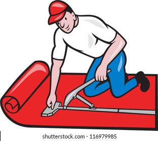 Illustration of a carpet layer laying down carpet layer carpet fitter worker done in cartoon style on isolated white background.