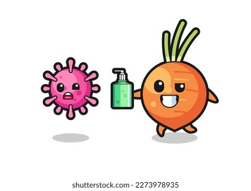 illustration of carrot character chasing evil virus with hand sanitizer , cute style design for t shirt, sticker, logo element