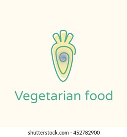 Illustration of carrot with a sign of water. Vector logo template for vegan cafe, restaurant or market. Can be used as a print on T-shirts, restaurant menu or shop of organic food.