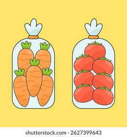 Illustration of carrots and tomatoes wrapped in a transparent plastic bag.
