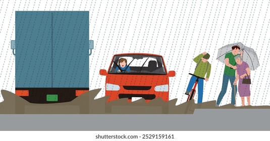 Ilustração de carros, bicicletas e pedestres idosos que sofrem com chuvas fortes e inundações devido a condições climáticas anormais