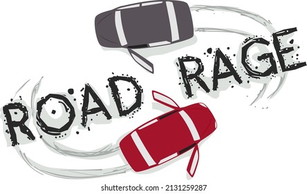 Illustration of Cars Driving in Circle with Open Doors, and Road Rage Lettering