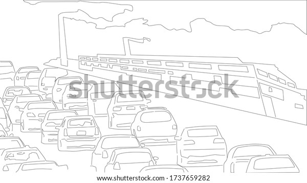 Illustration of cars, factory\
making pollution which can be used in making whiteboard\
animation.