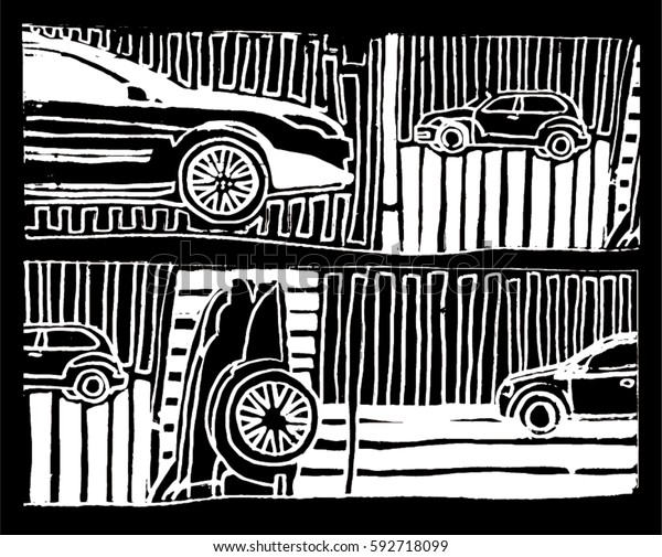 Illustration\
of cars and lines. Black and white\
drawing.