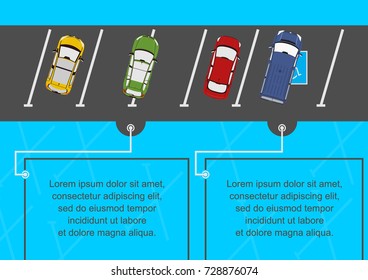 Illustration of cars in the parking lot. Place for any text. Flat vector.