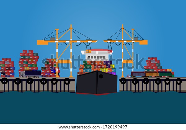 Illustration of cars, trains and containers\
loading and unloading cargo handling and transportation management\
Import and export\
industry