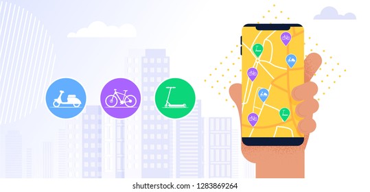 Aplicación móvil del servicio de carga de ilustraciones. Mano de imagen vectorial que sujeta el teléfono móvil. Visualización de pantalla Mapa Gps con Localización Alquiler de Bicicletas Eléctricas. Navegación en línea en la ciudad. Interés de Camión de selección
