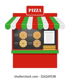 Illustration Cart of Pizza Isolated on White Background, Pizzeria Stand, Pizza Vendor - Vector