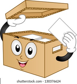 Illustration of Carton Box Mascot holding a card with lid open