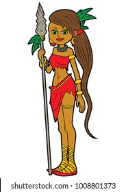 Illustration cartoon aboriginal exotic woman with a spear