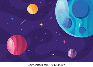 Illustration cartoon of alien plantes, orbit, and comet vector background.