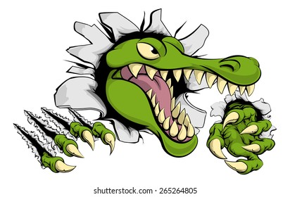 Illustration of a cartoon alligator or crocodile smashing through a wall with claws and head