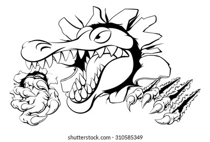 Illustration of a cartoon alligator or crocodile smashing through a wall with claws and head