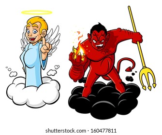 Illustration of cartoon angel and devil. The characters are isolated on white background.