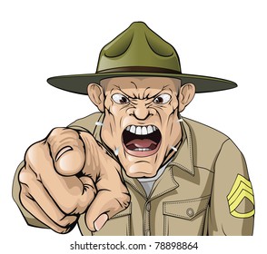 Illustration of cartoon angry looking army drill sergeant shouting at the viewer