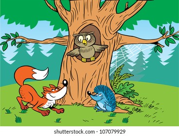 In the illustration cartoon animals in the forest.