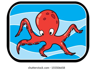 Illustration Of A Cartoon Animated Octopus In Blue Ocean. 