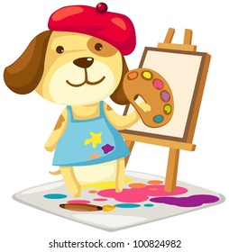 illustration of cartoon artist dog painting  on white
