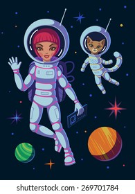 Illustration of cartoon astronaut girl and cat in the space