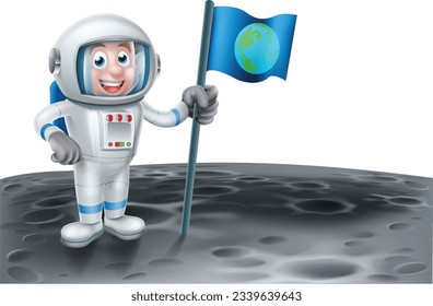 An illustration of a cartoon astronaut holding a flag on the moon or an alien planet
