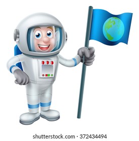 An illustration of a cartoon astronaut holding a flag with the earth on it