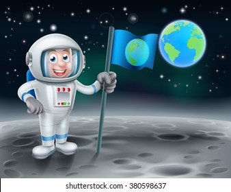 An illustration of a cartoon astronaut holding a flag on earths moon with planet earth in the background