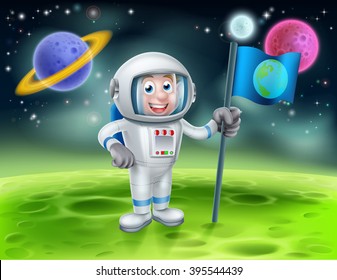 An illustration of a cartoon astronaut holding a flag on a moon or planet with alien planets in the background