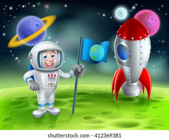 An illustration of a cartoon astronaut and retro space rocket ship or space ship landed on a moon or planet with alien planets and stars in the background 