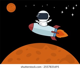 Illustration, Cartoon Astronaut in Rocket Flying Above Red Planet with Stars Background. Suitable for space-themed designs, educational materials, or children's content.