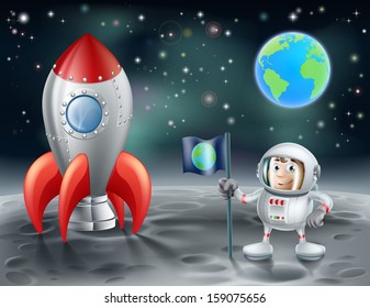 An illustration of a cartoon astronaut and vintage space rocket on the moon with the planet earth in the distance