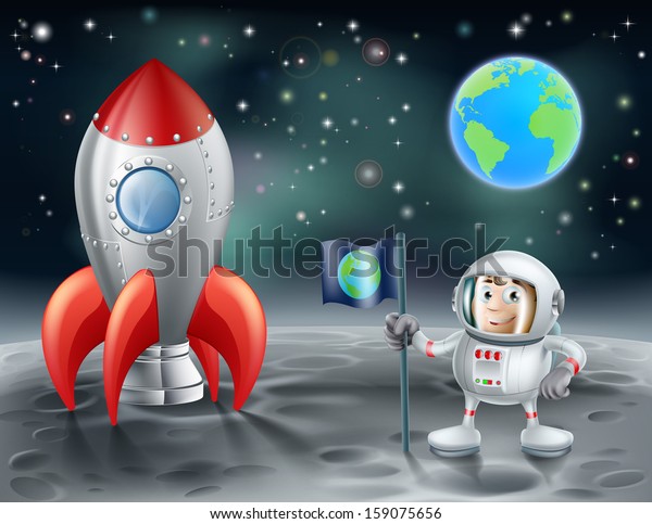 地球が遠くにある月の上にある漫画の宇宙飛行士とビンテージ宇宙ロケットのイラスト のベクター画像素材 ロイヤリティフリー