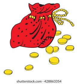 Illustration cartoon bag of coins were scattered on a white background