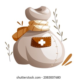 Illustration of a cartoon bag with pharmacy supplies for first aid.