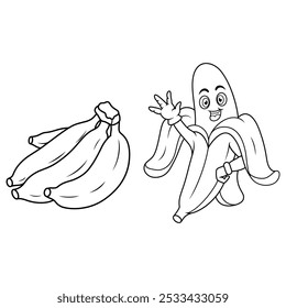 Illustration of Cartoon banana waving hand line art