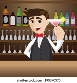 Illustration Of Cartoon Bartender With Glass Of Cocktail