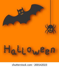 Illustration cartoon bat and spider on orange background - vector