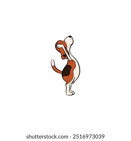 Illustration of a cartoon beagle dog standing on hind legs, begging with a heart-shaped marking.