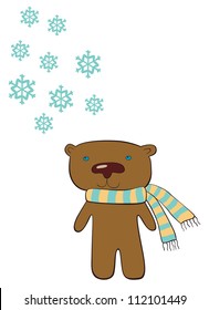 The illustration a cartoon bear and snowflakes
