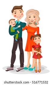 Illustration cartoon, beautiful happy family, mother, father, two children. Festive clothing, a good mood. Characters for cards.