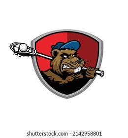 Illustration Of Cartoon Beaver Carrying A Lacrosse Stick With A Fierce Expression, Sports Logo Design Vector Template