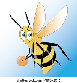 Illustration of a cartoon bee flying with pollen pellet