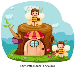 illustration of cartoon bees with honey pot