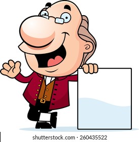 An illustration of a cartoon Ben Franklin with a blank sign.