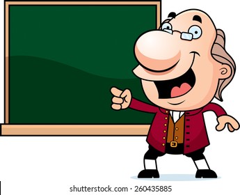 An illustration of a cartoon Ben Franklin with a chalkboard.